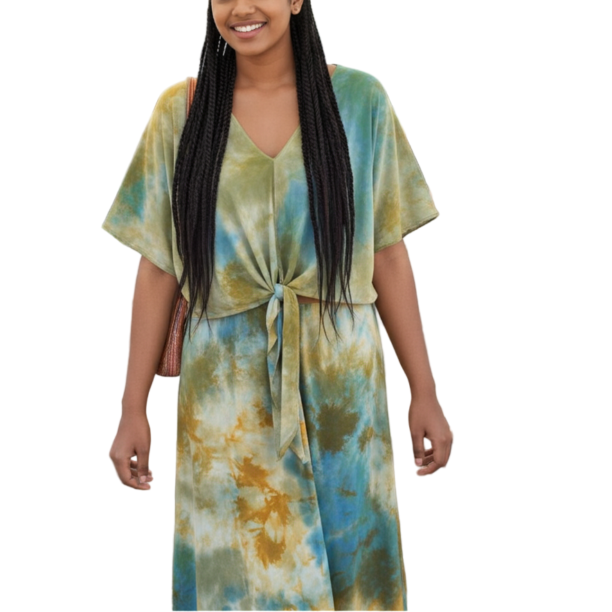Woman in a tie-dye dress standing at an outdoor farmers market with produce.