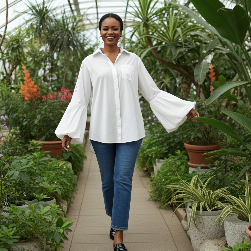 Woman in a white blouse and blue jeans walking through a greenhouse filled with plants.