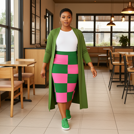 Woman in a colorful outfit walking through a modern cafe.