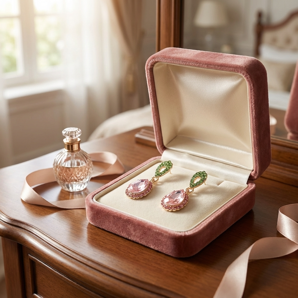 Pink & Green Crystal Small Tear Drop Earrings