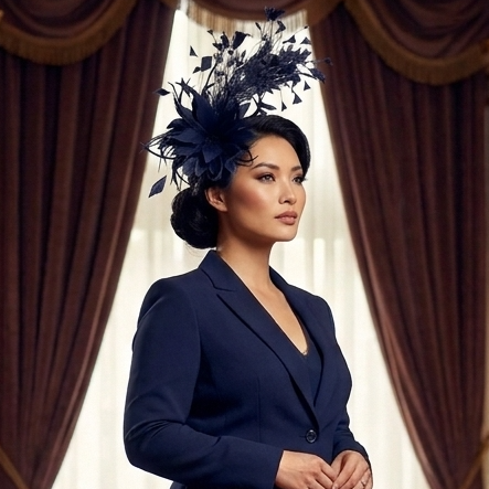 Midnight Bloom Feder-Fascinator – marineblauer, skulpturierter Couture-Haarschmuck