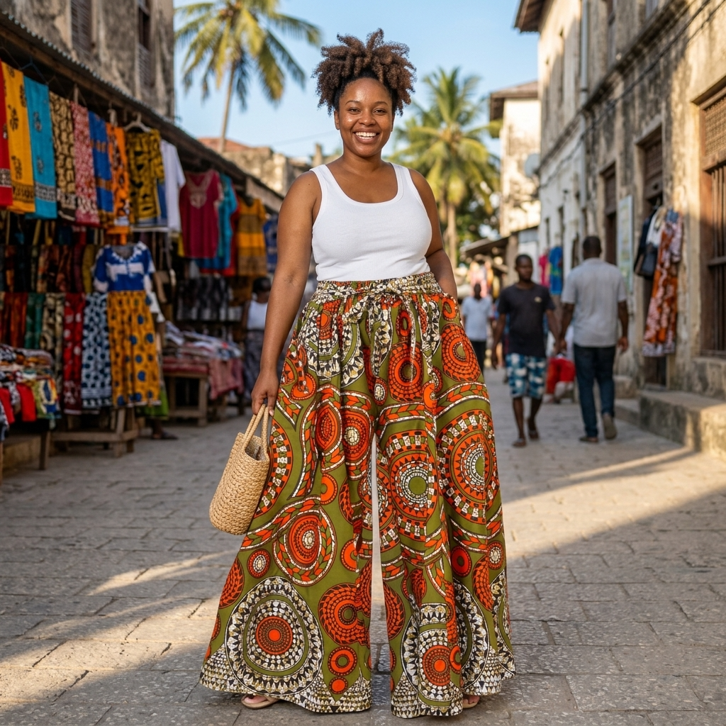 African Cotton Palazzo Pants – Olive Orange Print