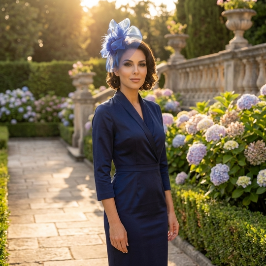 Woman in a navy blue dress with a decorative headpiece standing in a garden.