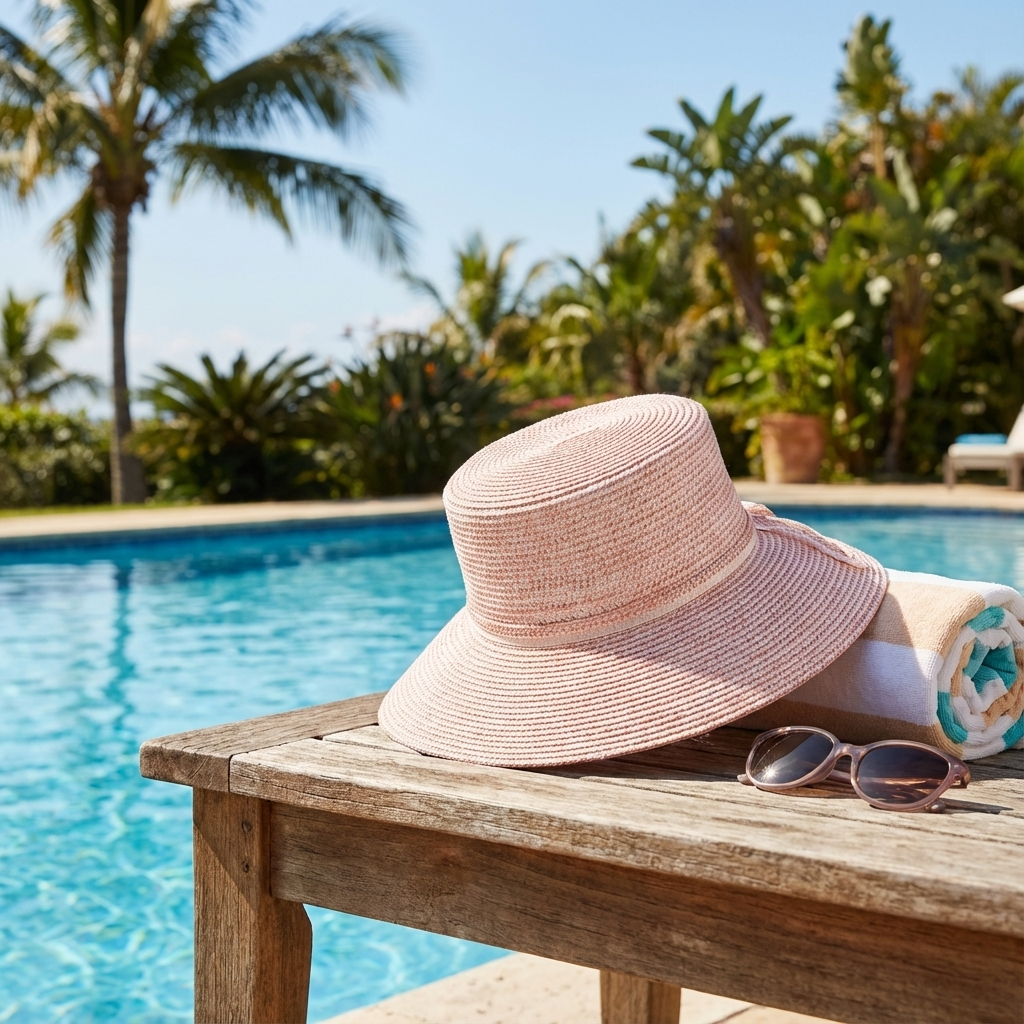 Pink sun hat, sunglasses, and towel on a wooden lounge chair by a pool with palm trees in the background.