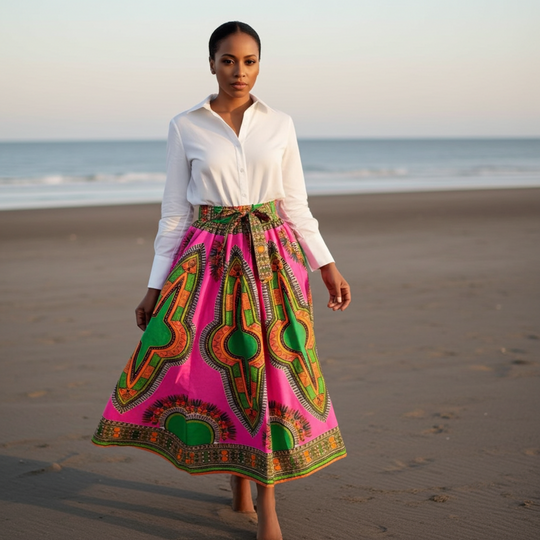 Long Maxi Skirt:Pink Dashiki