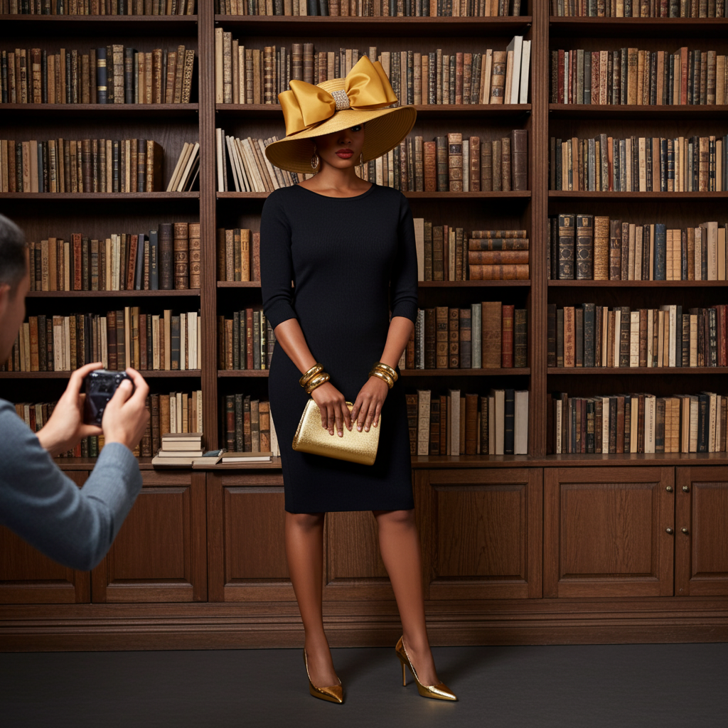 Woman in a black dress and yellow hat with a gold clutch standing in front of a bookshelf, being photographed by another person.