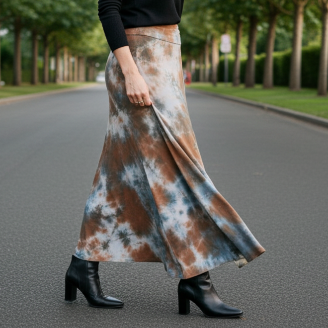 Woman wearing a black top and tie-dye skirt standing on a tree-lined street.