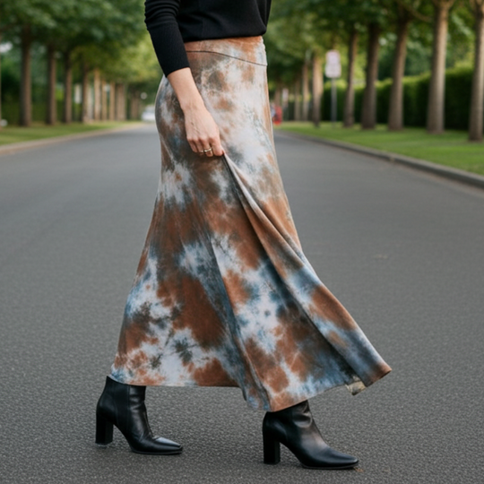 Woman wearing a black top and tie-dye skirt standing on a tree-lined street.