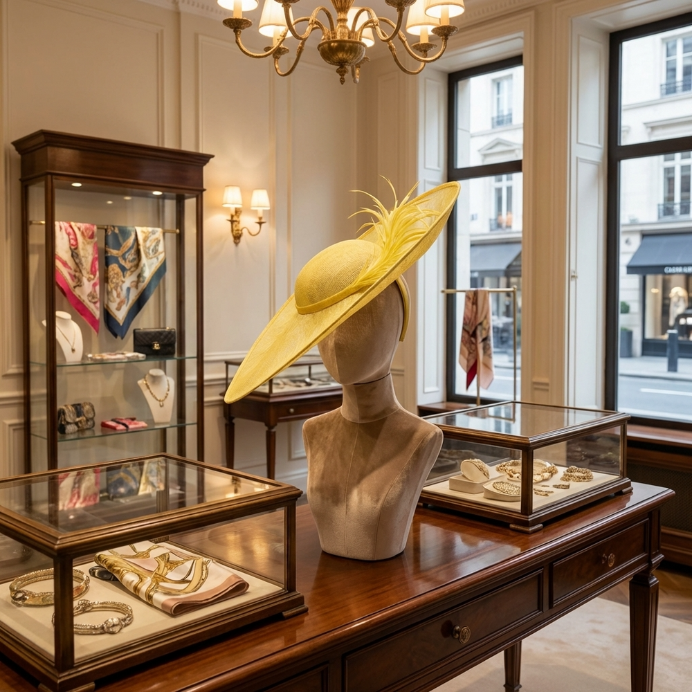Yellow hat on a mannequin bust in a store with glass display cases and chandelier.