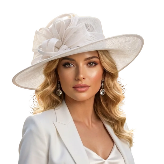 Woman wearing a white hat and suit in a garden setting