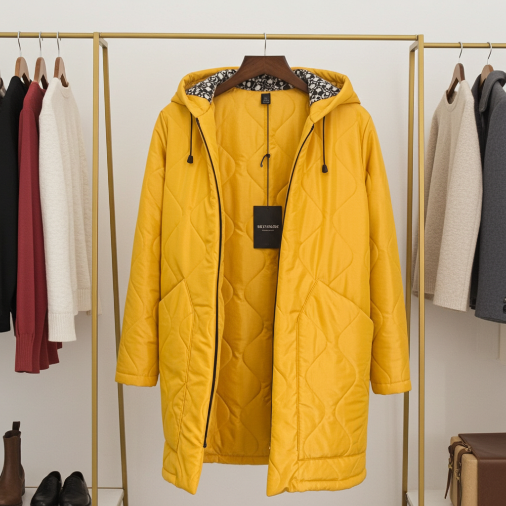 Yellow quilted coat on a hanger with a clothing rack in the background