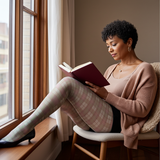 Green & Pink Plaid Printed Tights – front view with sneakers and plaid design