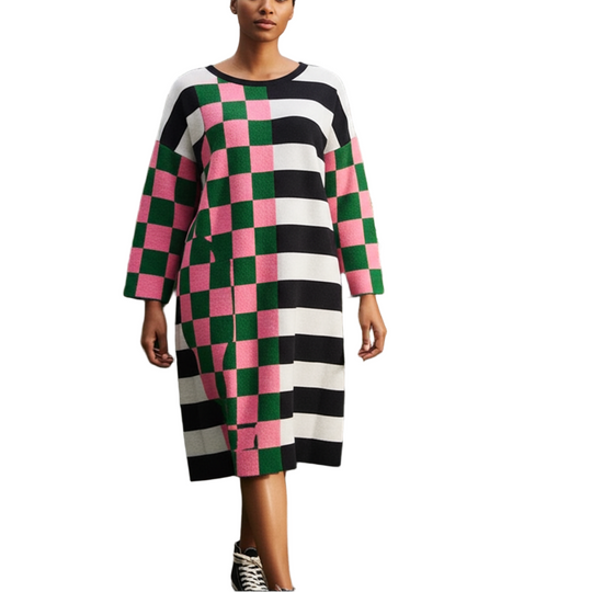 Woman wearing a colorful checkered dress in a greenhouse setting