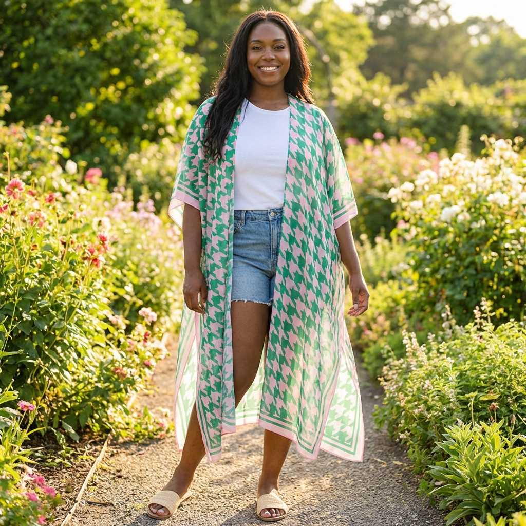 Woman walking outdoors in a garden wearing a green and pink and white patterned kimono-style garment.