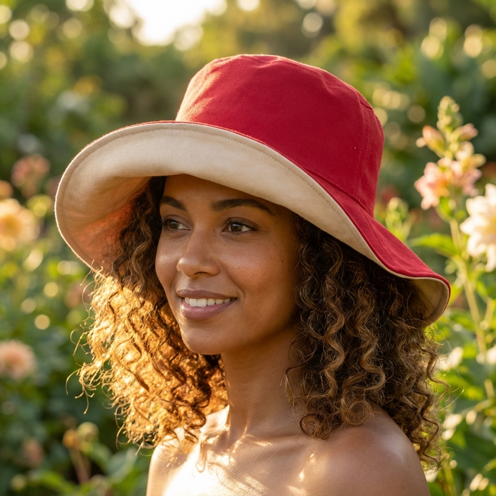 Woman wearing a red and beige bucket hat in a garden setting