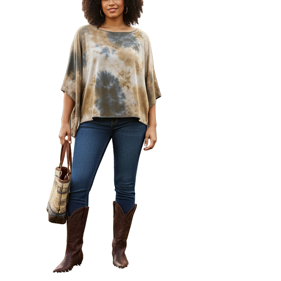 Woman standing outdoors holding a bag, wearing a tie-dye shirt, jeans, and brown boots.