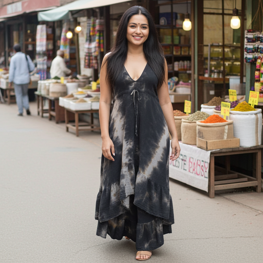 Woman in a black tie-dye dress standing in front of a market stall.
