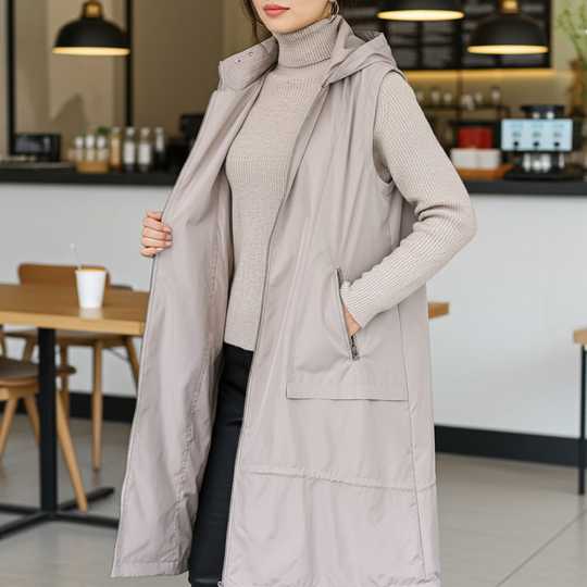 Person wearing a long light gray vest over a sweater in a casual setting.