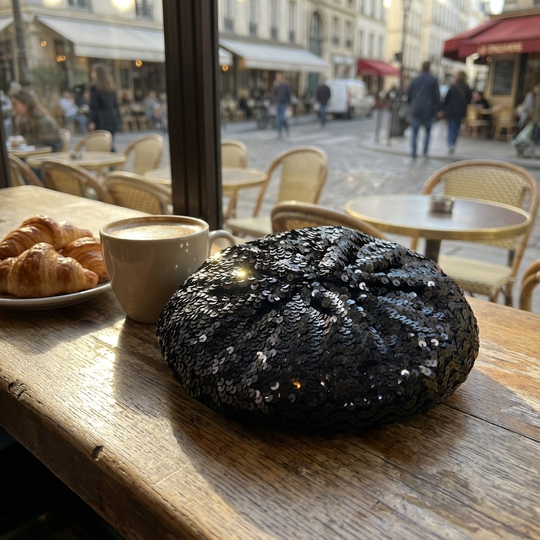 Black sequined beret on a wooden table with a cup of coffee and pastries, blurred cafe exterior in the background.