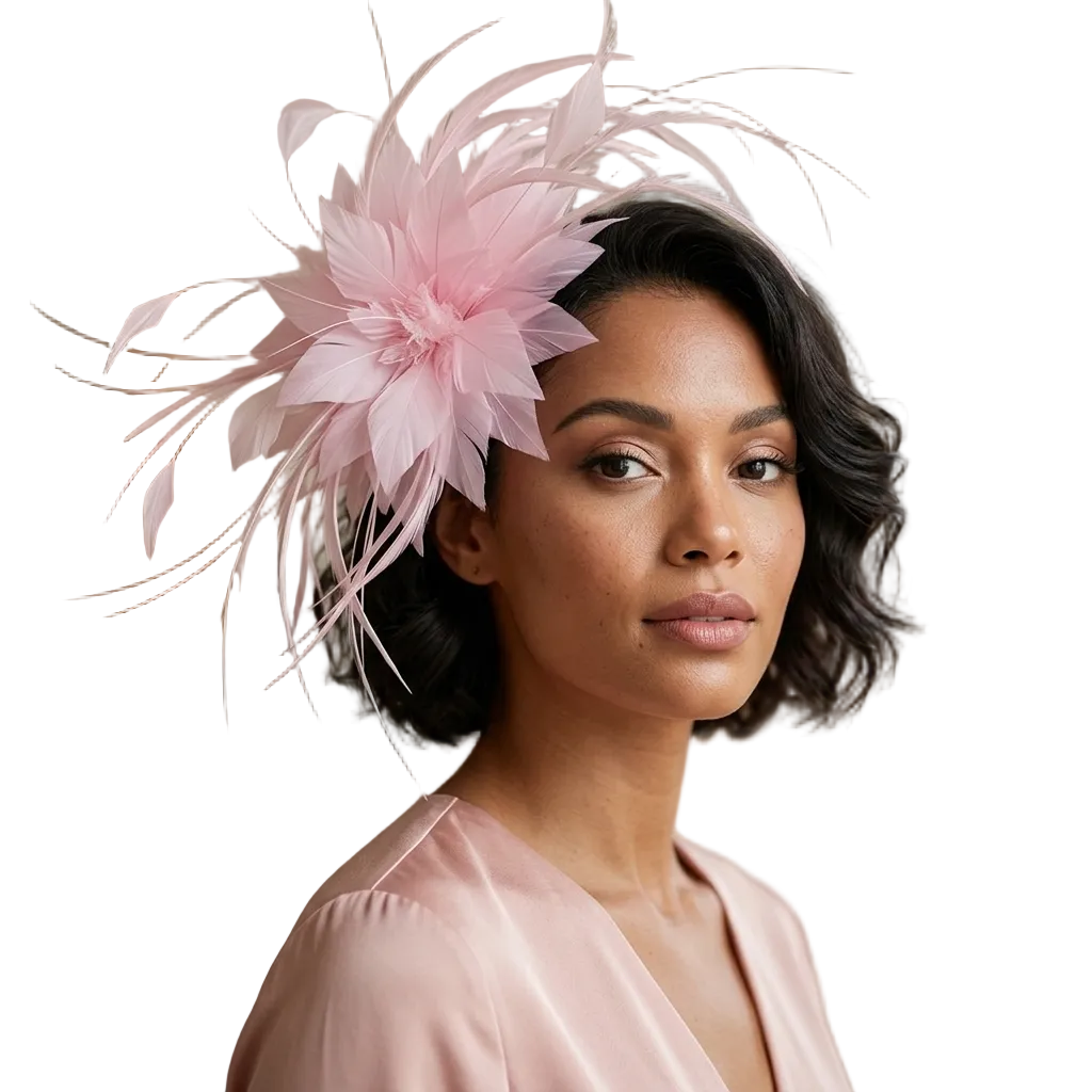 Woman wearing a pink feathered headpiece indoors