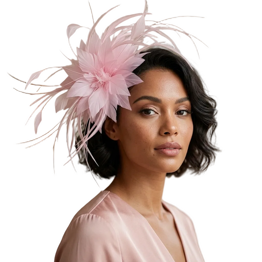 Woman wearing a pink feathered headpiece indoors