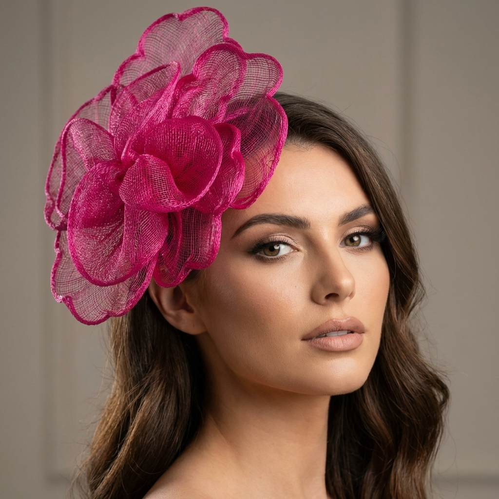 Woman wearing a bright pink floral headpiece against a neutral background