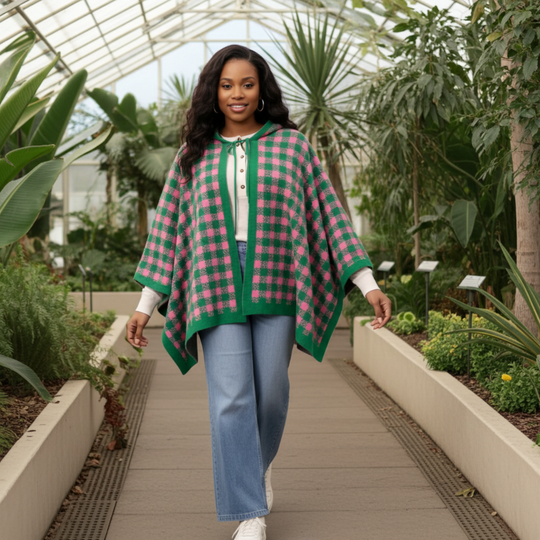 Pink & Green Tie-Neck Cape – Elegant & Timeless