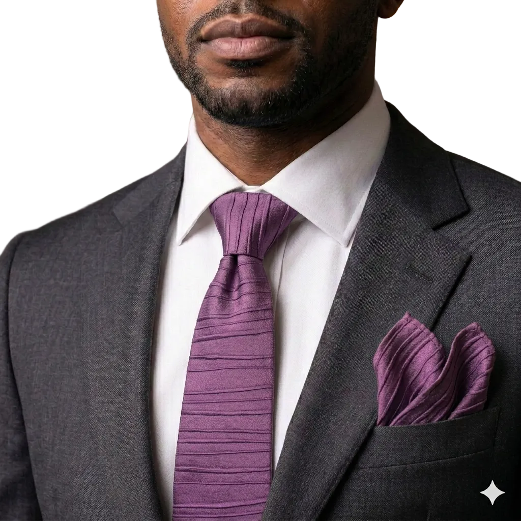 Man wearing a gray suit with a purple tie and pocket square in an indoor setting.
