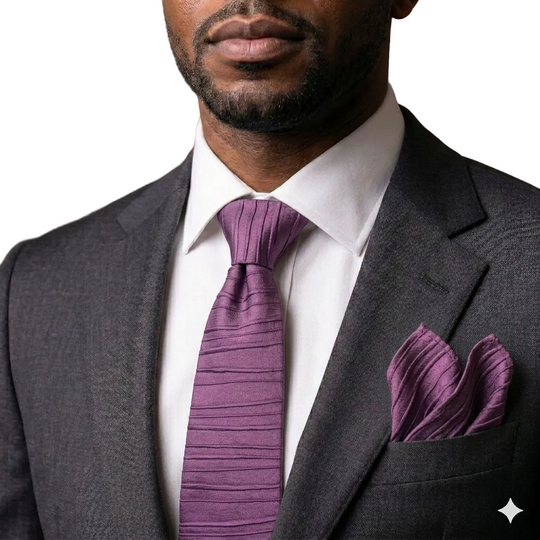 Man wearing a gray suit with a purple tie and pocket square in an indoor setting.