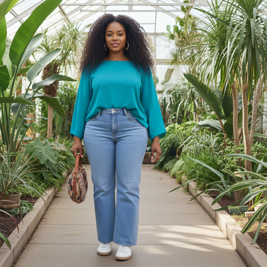 Woman in teal top and blue jeans walking through a greenhouse filled with plants.