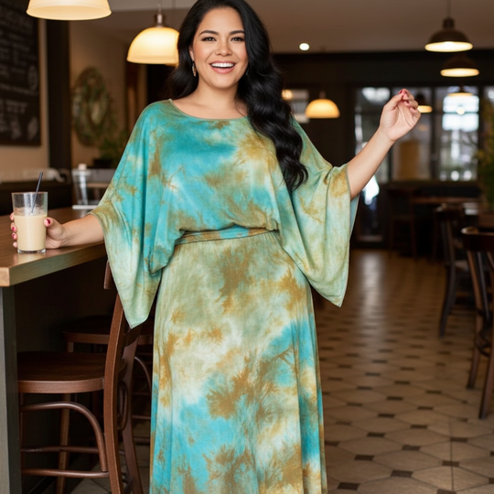 Woman in a tie-dye dress standing in a restaurant.