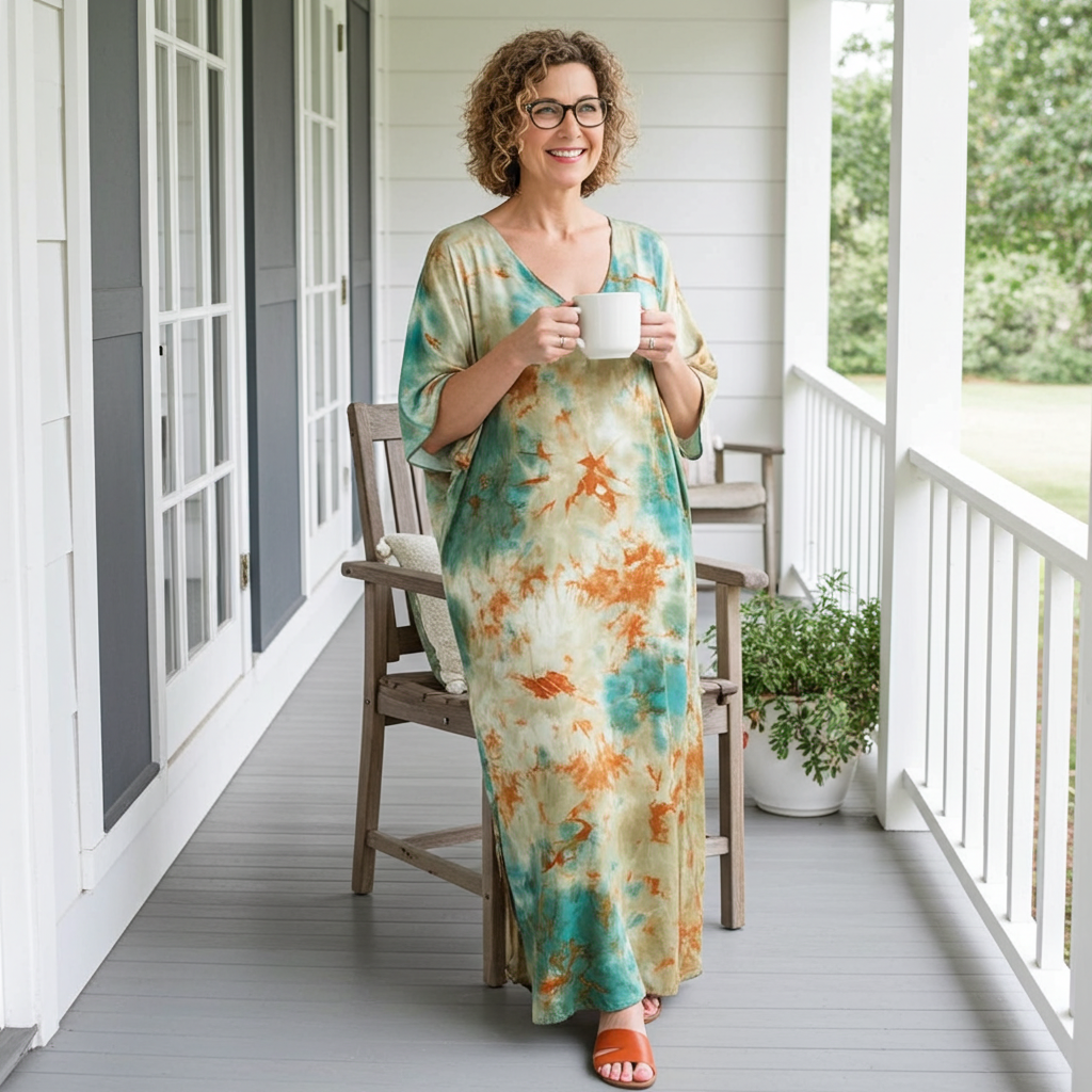 Woman in a tie-dye dress holding a mug on a porch