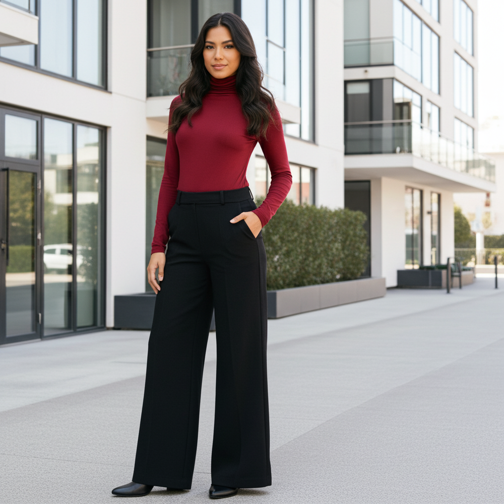 Woman in a red turtleneck and black pants standing in front of a modern building.
