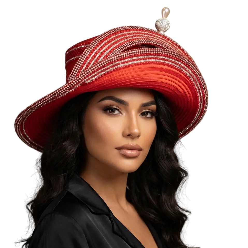 Woman wearing a red hat with a pearl on a gray background