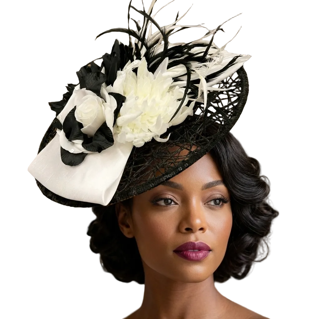 Woman wearing a black and white decorative hat with flowers against a blurred background