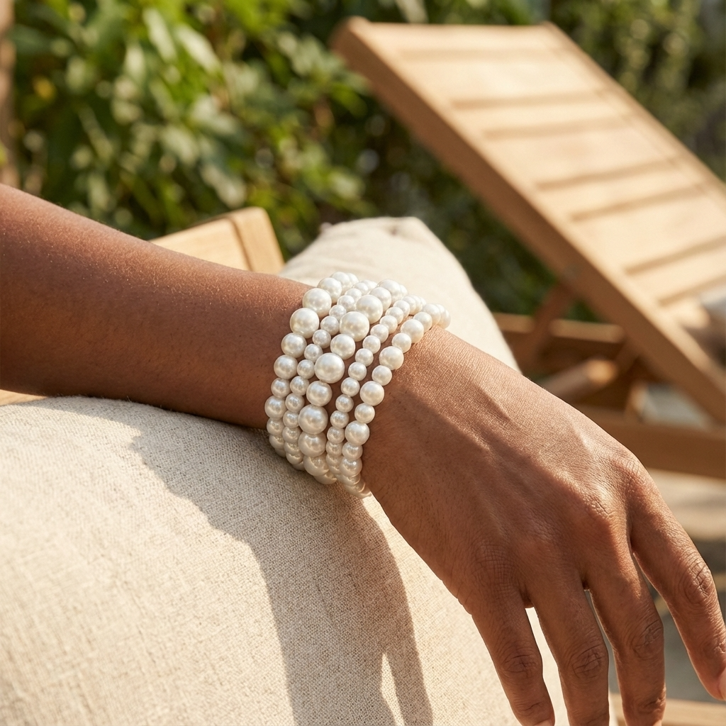 Hand wearing multiple pearl bracelets with a blurred outdoor background