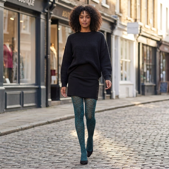 Leopard Printed Tights - Teal Blue