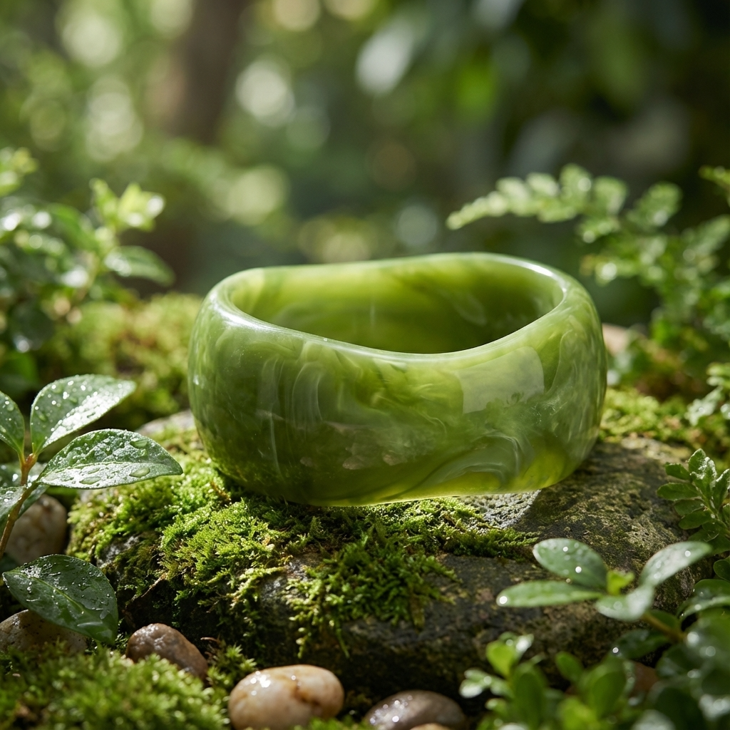 Green stone bracelet on a mossy rock with a natural background