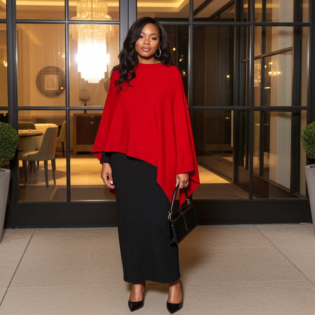 Woman wearing a red poncho over a black dress, standing in front of a building entrance.