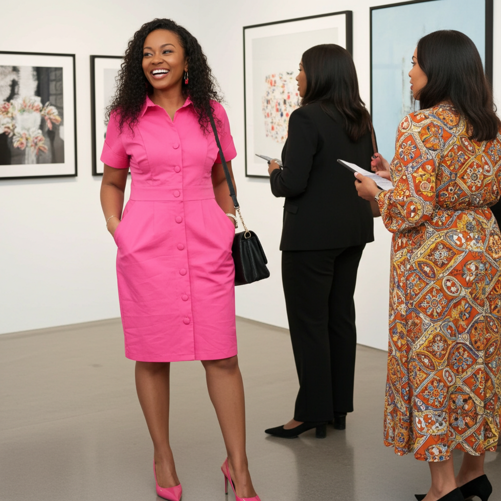 Woman in a pink dress standing in an art gallery with other visitors.