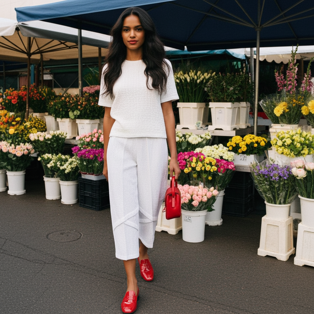 Woman in a white outfit with red shoes standing in front of flower stalls.
