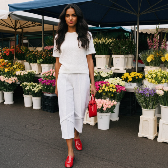 Woman in a white outfit with red shoes standing in front of flower stalls.