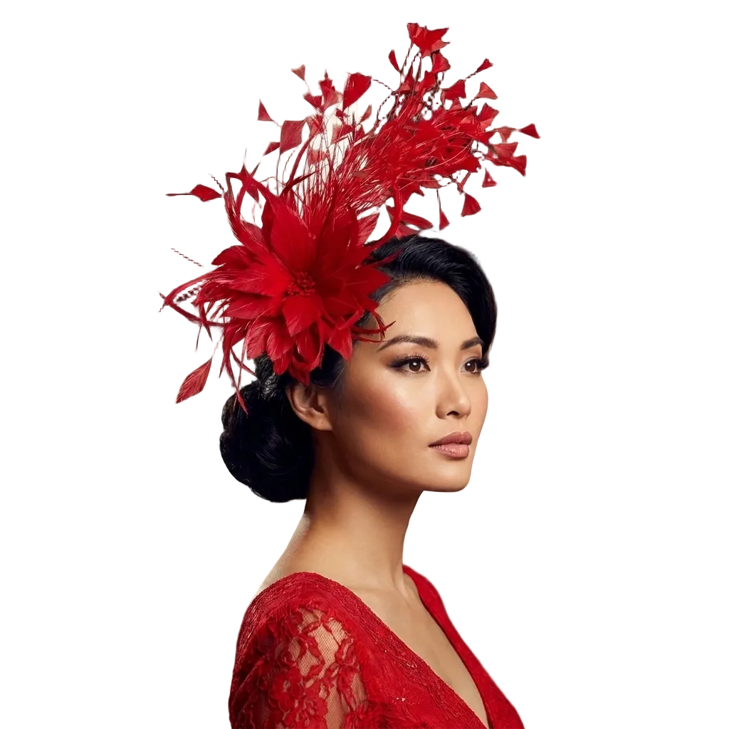 Woman wearing a red feathered headpiece in an elegant interior setting