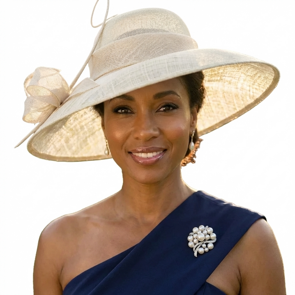 Off-White Asymmetric Brim Sinamay Hat with Ribbon Detail