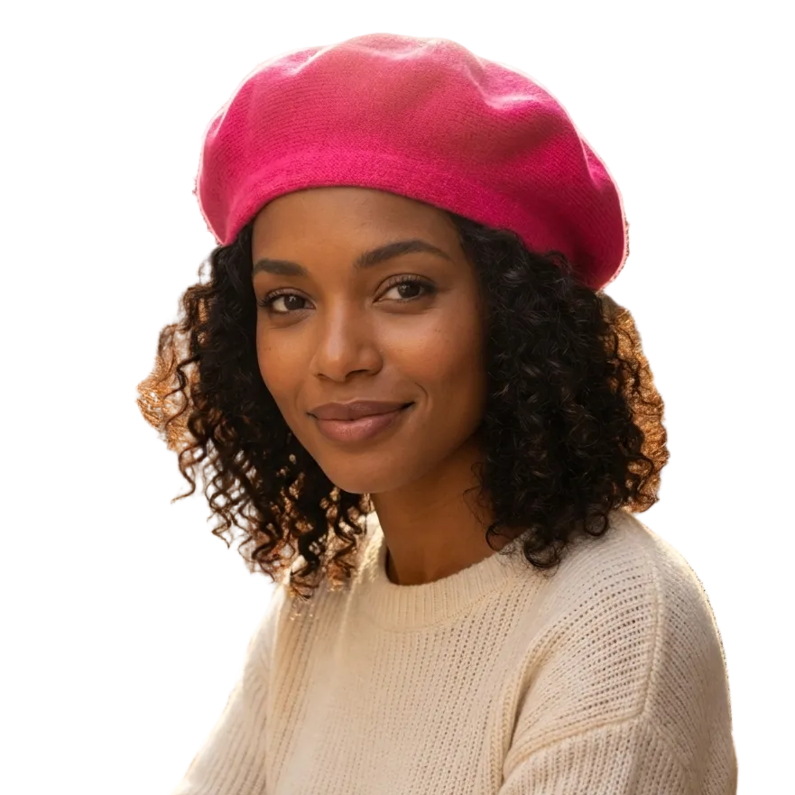 Woman wearing a pink beret sitting outdoors in an urban setting