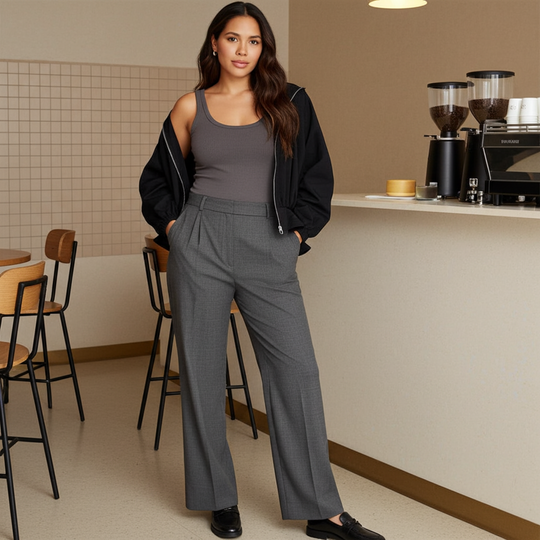 Woman in a casual outfit standing in a cafe.