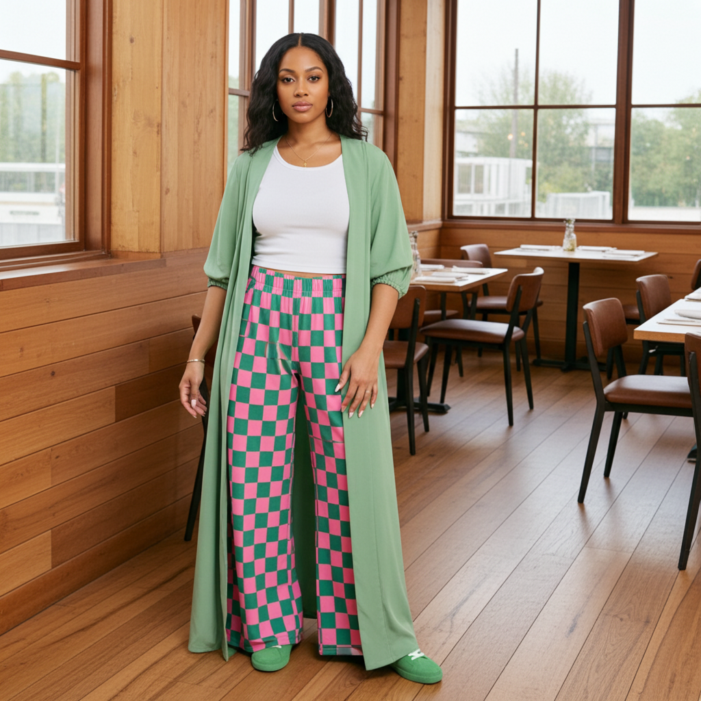 High-Waist Checkered Straight-Leg Knit Pants – Comfort Meets Style