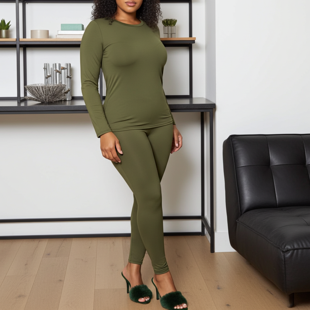 Woman wearing an olive green outfit standing in a modern living room.