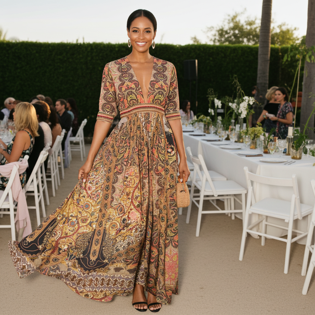 Woman in a patterned dress standing outdoors at an event with tables and chairs.