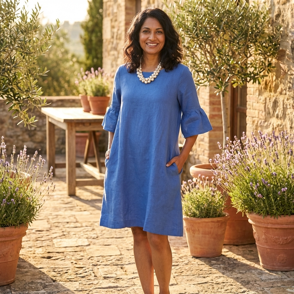 Blue Linen V-Neck Dress with Ruffle Bell Sleeves